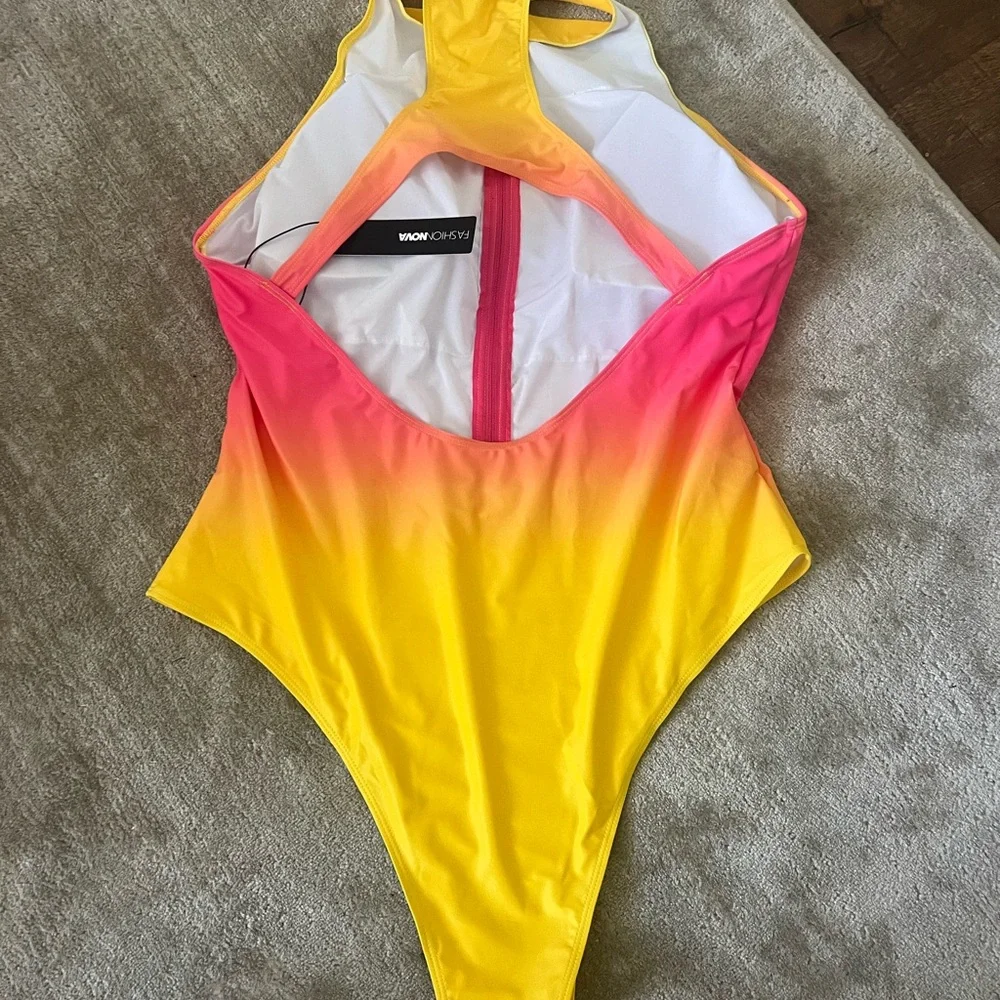 Fashion Nova Pink and Yellow One Piece Swimsuit with Zipper